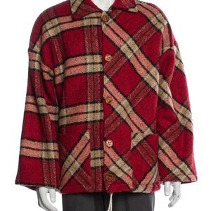 ERL Red and Tan Plaid Button-Up Mock Neck Cardigan